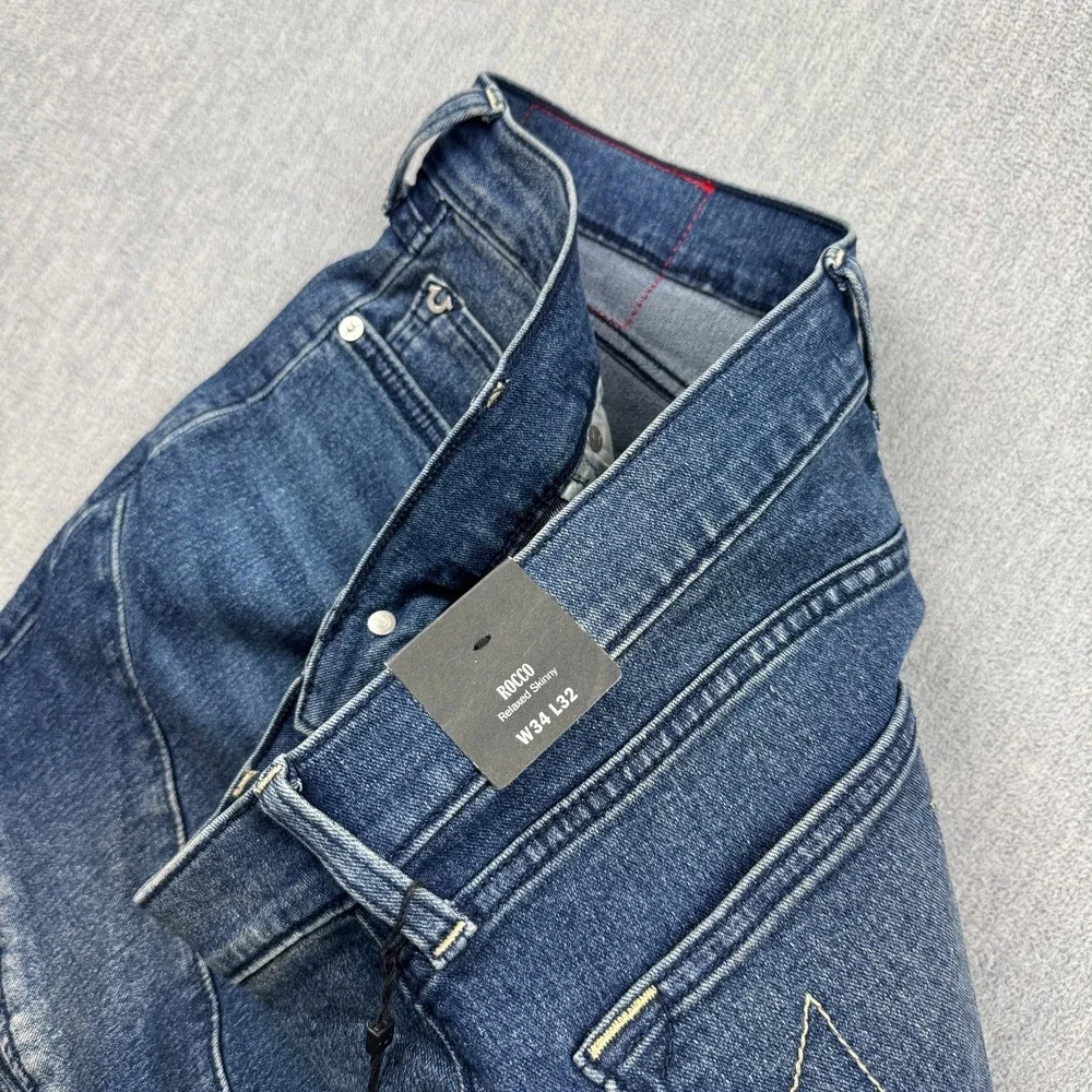 True Religion Jeans Mens 34X32 Blue Rocco Relaxed Moto Skinny Blizzard‎ Wash NWT